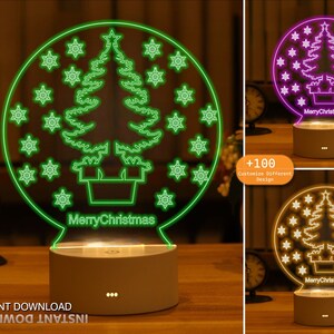 Könnte beinhalten: Ein weißes 3D-gedrucktes Nachtlicht mit einer grünen Umrandung eines Weihnachtsbaums und Schneeflocken. Das Licht hat einen Sockel mit drei kleinen Punkten und die Worte "Merry Christmas" sind auf das Licht gedruckt.