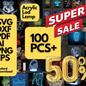 以下が含まれることがあります： アクリルLEDランプの3Dデザインを特集した画像のコラージュ。デザインには、地球儀、ハート、歯、ジーニーランプ、ホグワーツの紋章などがあります。テキスト「SUPER SALE 100 PCS+ 50% OFF」は、大きく太字で表示されています。