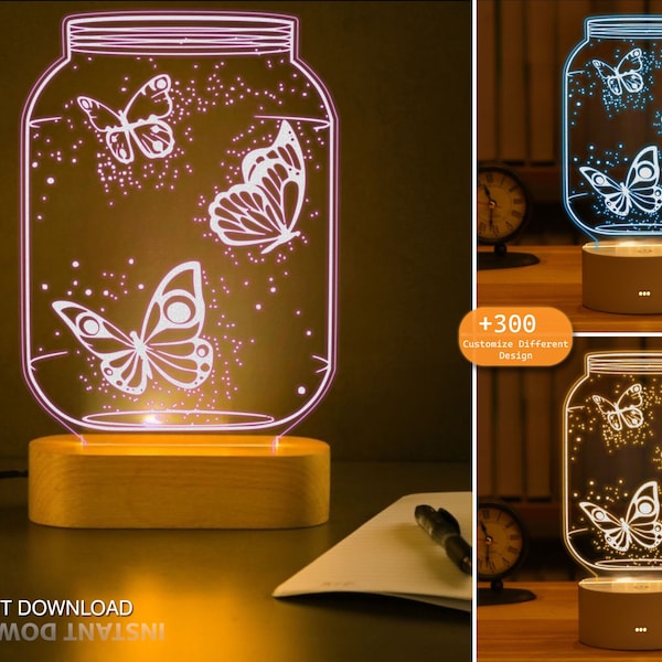 Jar Butterfly 3D Night Light Making Digital Vector Files, Acrylic, Christmas Gift Laser Cut, CNC, Dxf,Svg,Ai, Glowforge Ready