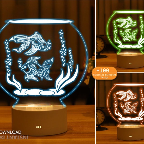 Aquarium Ocean Mixed Fish 3D Night Light Making Digital Vector Files, Acrylic, Christmas Gift Laser Cut, CNC, Dxf,Svg,Ai, Glowforge Ready