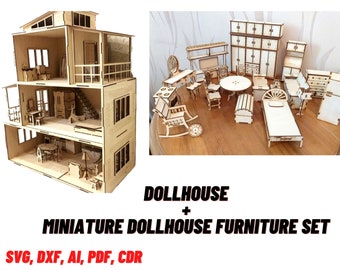 Dollhouse 3 mm Laser Cut Files SVG,DXF,Ai,Cdr,Wood Toy House Template, Doll house Kit Laser Cut, Glowforge,Miniature Dollhouse Furniture Set