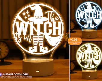 Halloween SVG, DXF, Sorcière 3D Night Light Making File, Thème de la citrouille, Acrylique, Cadeau d'Halloween, Découpe laser CNC, Ai, Pdf, Glowforge Ready