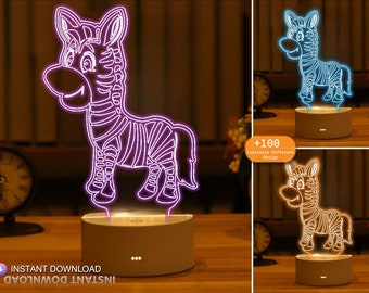 Veilleuse bébé zèbre, décoration de salle de jeux pour enfants, lampe LED acrylique, cadeau de Noël, fichiers vectoriels numériques, découpe laser, téléchargement immédiat, fabrication artisanale