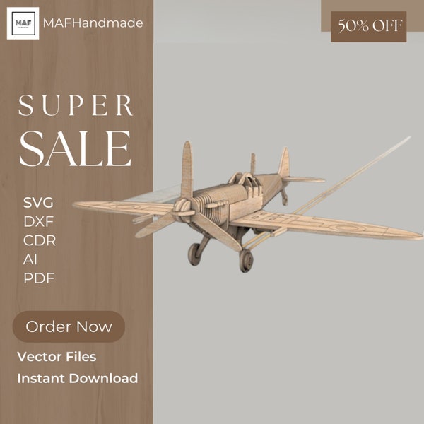 Spitfire 3mm, Wooden Laser Plane, SVG, DXF, Ai, Cdr, Digital Files for Laser Cutting Model Aircraft, Hobby Vector Laser Cut Wooden Airplane