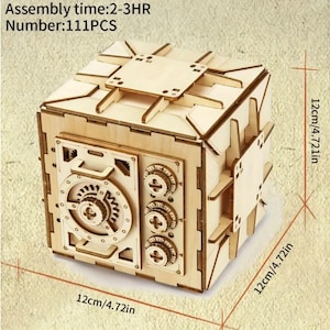 May include: A wooden model of a safe with a detailed design, including a handle, a dial, and a lock. The safe is 12 inches in size and requires 111 pieces to assemble. Assembly time is estimated to be 2-3 hours.