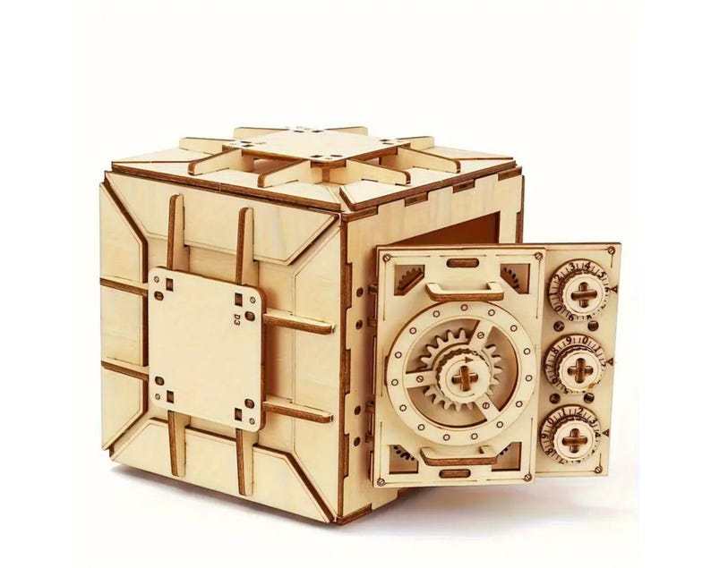 3D wooden puzzle password safe box made from wood and plywood, featuring a secure DIY design with 111 pieces, measuring 12cm x 12cm x 12cm, perfect for crafting enthusiasts. Includes detailed instructions for easy assembly.