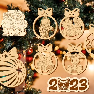 2023 Christmas Ornament Set, SVG, DXF, Laser cut bestanden, Glowforge, Kerstvakantie, Nice List Ho Gears Gauge, Instant Download, Kerstmis
