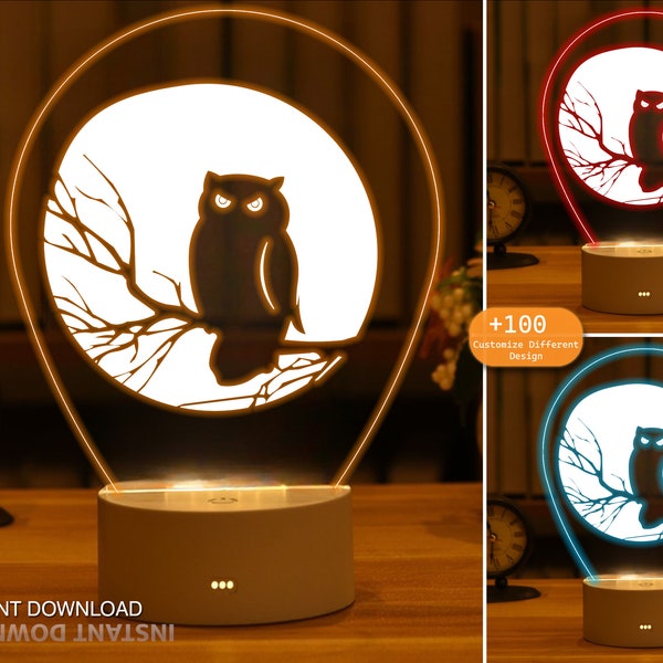 Halloween SVG,DXF Owl on Branch 3D Night Light Making File, Acrylic, Halloween Gift Decorations, Laser Cut, CNC Cutting, Ai, Glowforge Ready