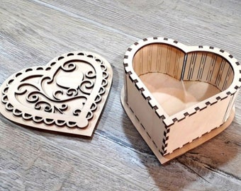 Molde para caixa de coração de madeira cortada a laser, modelo vetorial CNC (download digital)