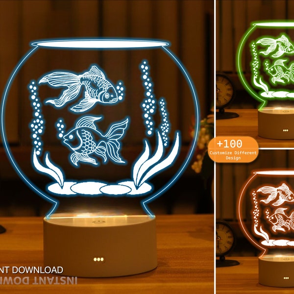 Aquarium Ocean Mixed Fish 3D Night Light Making Digital Vector Files, Acrylic, Christmas Gift Laser Cut, CNC, Dxf,Svg,Ai, Glowforge Ready