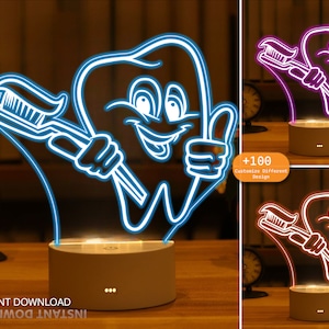 May include: A blue neon night light shaped like a smiling tooth holding a toothbrush. The light is on a white base with three small dots. The text "INSTANT DOWNLOAD" is visible at the bottom of the image.