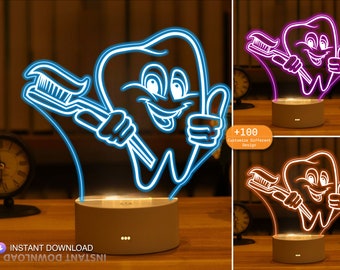 Lámpara de dentista, regalo de lámpara personalizada 3D de oficina dental para dentista, archivos de fabricación de corte láser, SVG, DXF, Ai, lámpara de noche de luz acrílica personalizada de diente Led