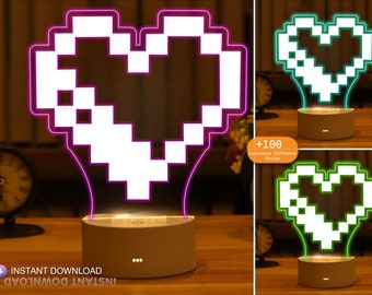 3D Illusion Pixel Heart Lamp SVG, DXF, Ai, Cdr, Gift For Lover, Custom Led Lamp, Custom Lamp Night Light, Digital Vector File, Gravure