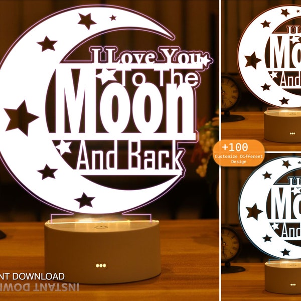 3D valentines day greeting heart LED Acrylic Lamp, moon Lamp, moon SVG, optical illusion Vector file CNC and Laser Cutting, Instant Download