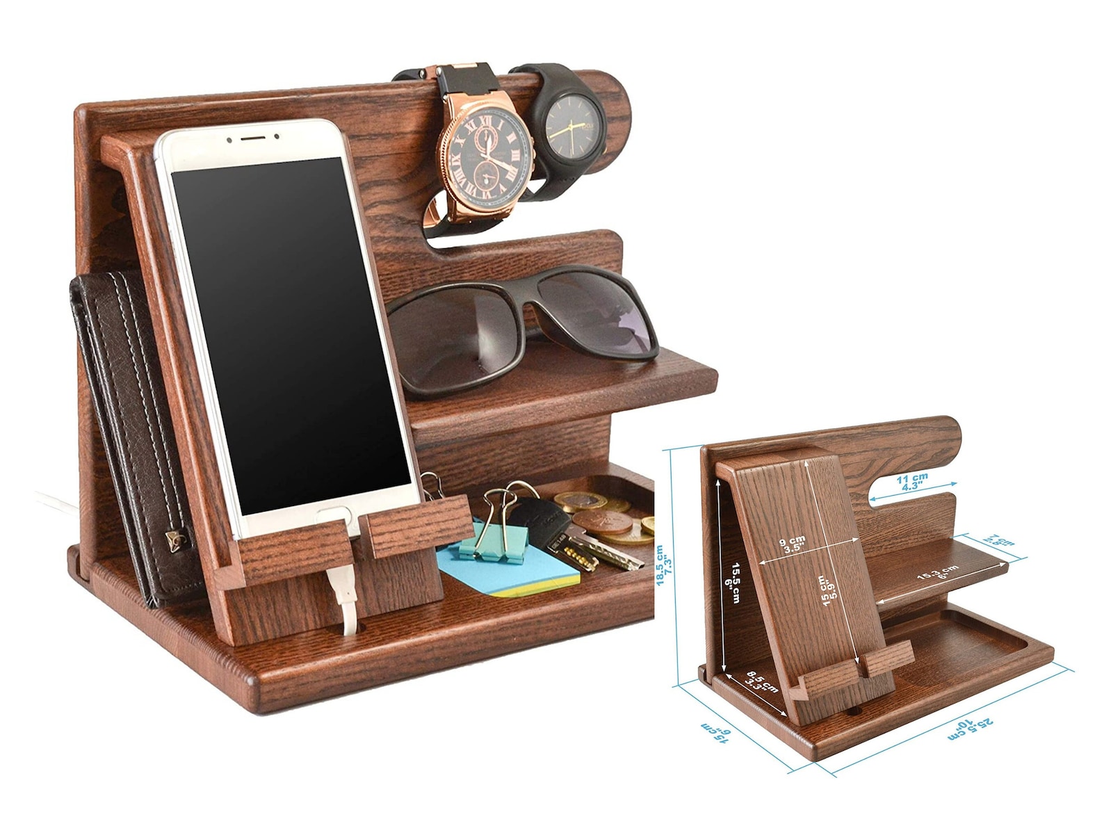 Wood Phone Docking Station Key Holder Wallet Stand Watch Etsy
