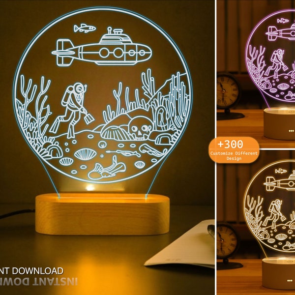 3D Oceanic Explorer Night Light - Laser Cut & CNC Plans - Glowforge Compatible - Acrylic Sea Life Decor, Ideal Marine Gift