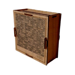 May include: Wooden box with a grid pattern and numbers printed on the front. The box has a slot on the top and a label that reads "40,000".