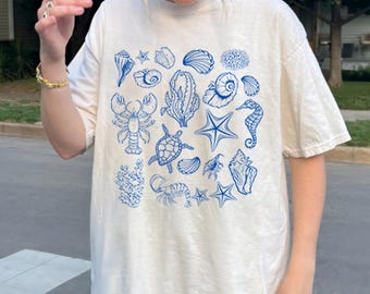 Oversized Sea Life Graphic Tee Coastal Shellfish Shirt Oceancore Aesthetic T-Shirt