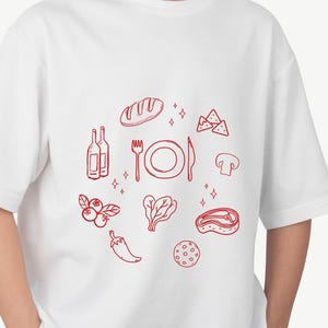 T-Shirt für Foodies Geschenk Food-Shirt ästhetische Gestaltung der Mahlzeiten auf weißem T-Shirt übergroß für Männer und Frauen