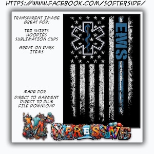 Puede incluir: Un diseño de bandera estadounidense desgastado en blanco y negro con una franja azul en el lado derecho. La bandera tiene un símbolo blanco de estrella de la vida con una serpiente envuelta alrededor de un bastón en el centro. El texto "EMS" está escrito verticalmente en la franja azul. La imagen es transparente y se puede utilizar para sublimación, camisetas, sudaderas con capucha y otros artículos.