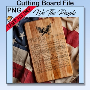 May include: A wooden cutting board with the text "We the People" and the preamble to the United States Constitution engraved on it. The board is on top of an American flag.