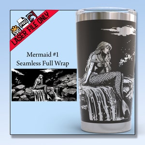 May include: A black and white illustration of a mermaid sitting on a rock by a waterfall. The image is printed on a stainless steel tumbler.