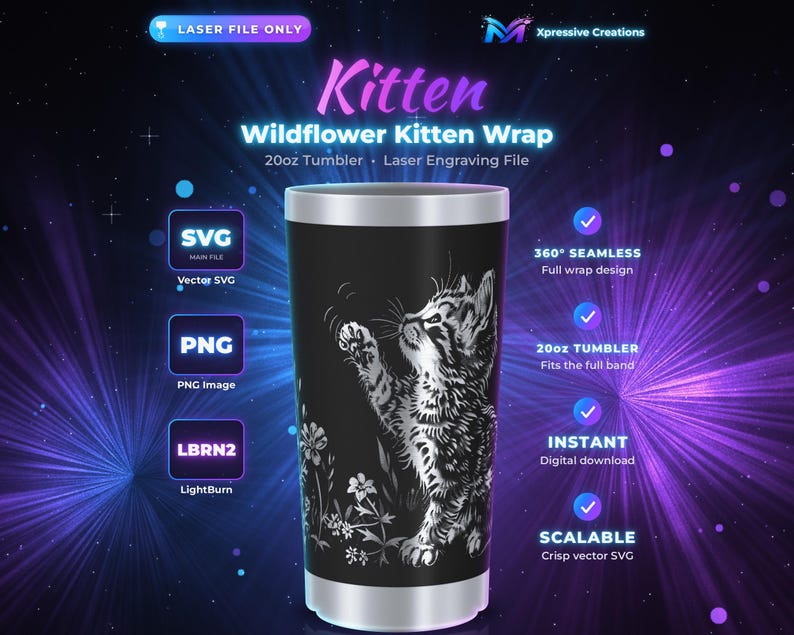 Puede incluir: Un archivo digital para un vaso de 20oz con un dise&ntilde;o de grabado l&aacute;ser de un gatito alcanzando flores silvestres. El texto incluye Kitten, Wildflower Kitten Wrap, 20oz Tumbler, Laser Engraving File, SVG, PNG, LBRN2, 360 Seamless y Scalable.