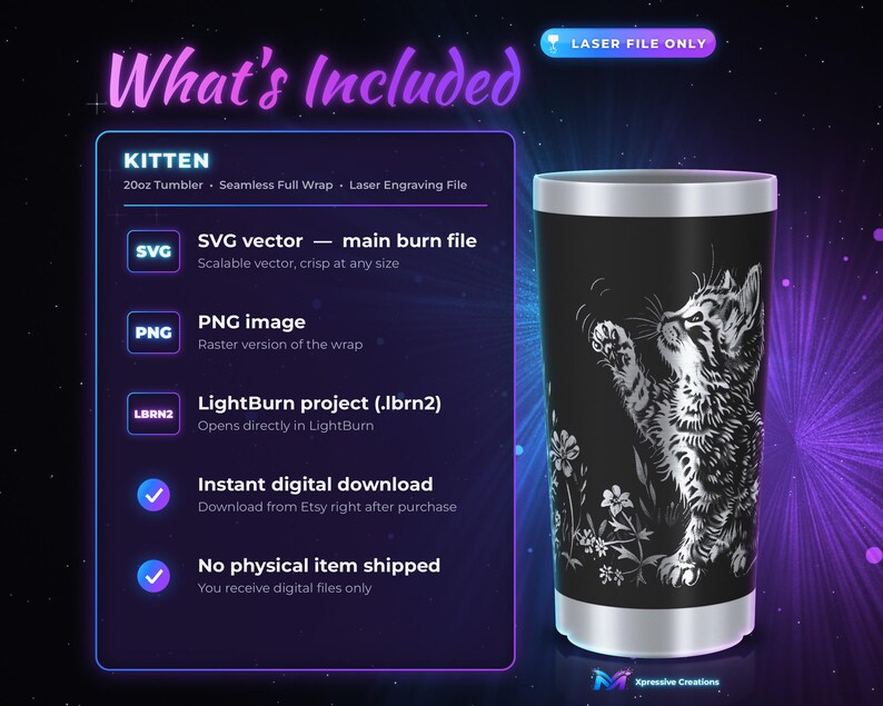 Puede incluir: Un listado de producto digital para un archivo de grabado l&aacute;ser de vaso de 20oz con dise&ntilde;o de gatito. El texto incluye What's Included, KITTEN, SVG vector, PNG image y LightBurn project. El gr&aacute;fico del vaso muestra un gatito entre flores.