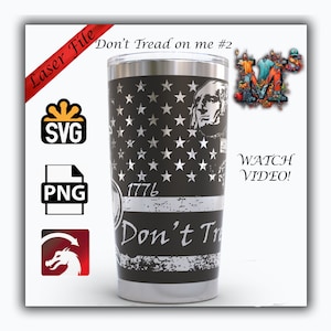 May include: A black and white stainless steel tumbler with a distressed American flag design. The tumbler features the words "Don't Tread on Me" and "1776".
