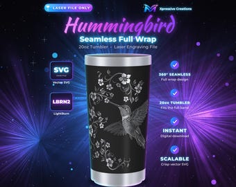 Puede incluir: Un archivo digital para grabado láser en vaso de 20oz con un diseño de colibrí y flores. El gráfico es negro con líneas blancas. El texto incluye Hummingbird, Seamless Full Wrap, 20oz Tumbler, Laser Engraving File, SVG, LBRN2, 360 Seamless, Instant y Scalable.