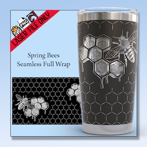 Könnte beinhalten: Ein schwarzer Edelstahlbecher mit einem weißen Design aus Bienen und Waben. Das Design ist nahtlos und umgibt den gesamten Becher. Der Text "Spring Bees Seamless Full Wrap" ist auf dem Bild sichtbar.