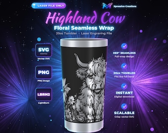 Puede incluir: Un archivo digital para un vaso de 20oz con un diseño de Highland Cow y flores sin costuras. El gráfico incluye el texto: Highland Cow, Floral Seamless Wrap, 20oz Tumbler, Laser Engraving File, SVG, PNG, LBRN2, 360 Seamless y Scalable.