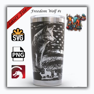 May include: A stainless steel tumbler with a black and white design featuring a wolf, deer, and an American flag. The text "Freedom Wolf #1" is printed on the tumbler.