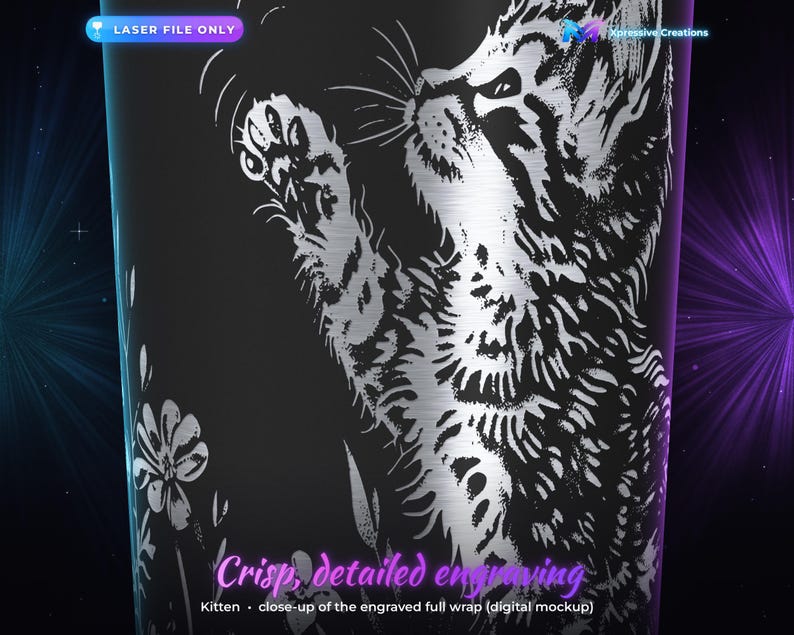 Puede incluir: Un vaso negro con un dise&ntilde;o grabado a l&aacute;ser en color plata de un gatito levantando la pata, rodeado de elementos florales. El texto LASER FILE ONLY aparece arriba, y Crisp, detailed engraving se encuentra en la parte inferior.