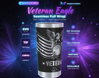 Puede incluir: Un archivo digital para un vaso de 20oz con un diseño envolvente Veteran Eagle. El gráfico incluye un águila calva, una bandera estadounidense, la silueta de un soldado saludando y el texto Veteran Eagle en un esquema de color plateado y negro.