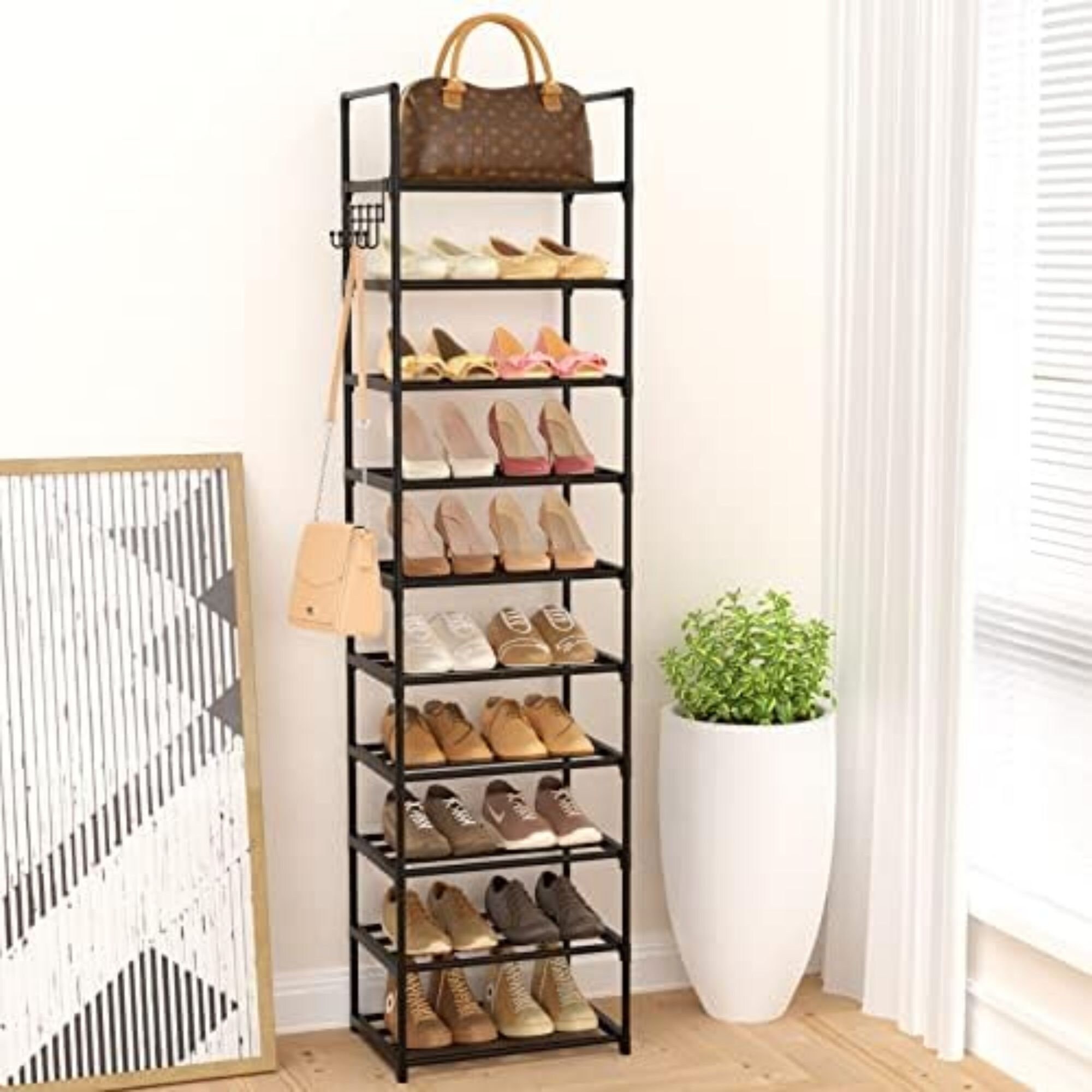 LANTEFUL 10 Tiers Tall Shoe Rack 20-25 Pairs Boots Organizer Storage Sturdy  Narrow Shoe Shelf for Entryway, Closets with Hooks, Black