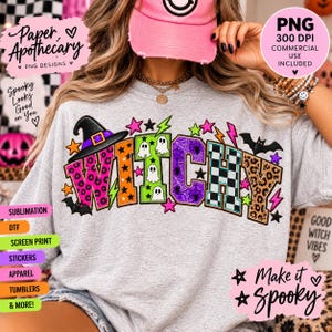 Hexen-PNG, Halloween-Patchwork-PNG, Halloween-Design mit College-Buchstaben, Gruseliger Leopardenprint-Sublimationsdruck, Halloween-Shirt-PNG