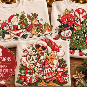 Julfigursötnosar PNG-paket, fuskbroderi med julvänner, quiltad julgås, jultomtens snögubbe, pingvin, renskjortadesign