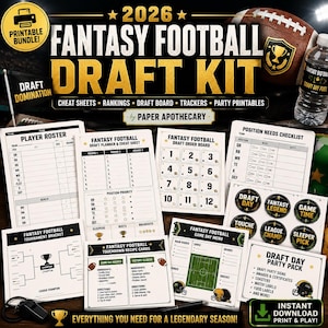 May include: A 2026 Fantasy Football Draft Kit printable bundle featuring cheat sheets, rankings, a draft board, trackers, and party printables. The collection includes a player roster, draft planner, draft order board, position needs checklist, tournament bracket, recipe cards, game day menu, and party pack labels.