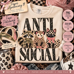 May include: A cream-colored crewneck sweatshirt featuring the black text ANTI SOCIAL and a graphic of a raccoon with a camouflage pattern, an opossum with a leopard print, and a black cat with a checkered pattern wearing a pink bow.