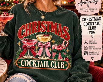 Christmas Cocktail PNG I Retro Christmas Social I Coquette Holiday Drinks I Vintage Christmas Bow Sublimation I Girls Night, Friendsmas