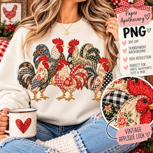 Patchwork Rooster PNG, Vintage Farmhouse Chicken Graphic, Floral Gingham Applique Design, Rustic Country Shirt Art, Cottagecore Print