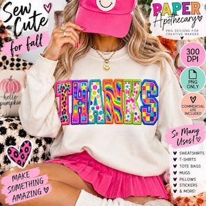 THANKS Patchwork PNG, 90er-Jahre Neon Thanksgiving PNG, Retro Regenbogen Varsity Buchstaben, Faux Stickerei Herbst Sublimation Design