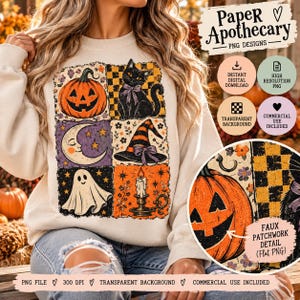 May include: A beige sweatshirt featuring a patchwork-style graphic print with six squares containing a jack-o'-lantern, a black cat, a crescent moon, a witch hat, a ghost, and a candle. The design includes text reading Paper Apothecary.