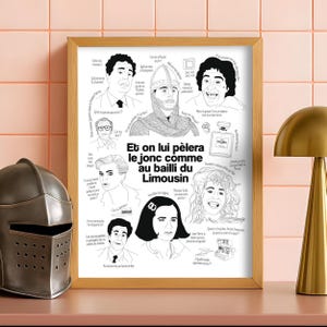 Peut inclure: Une affiche encadrée avec un cadre en bois clair. L'illustration en noir et blanc présente plusieurs portraits de dessins animés et le texte "Et on lui pèlera le jonc comme au bailli du Limousin."