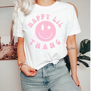 Happy Lil Thing, Pink Smiley Tee, Winky Face, Good Vibes Tee