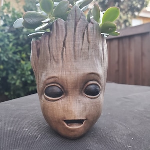 May include: A brown, wooden, Groot-shaped planter with a smiling face and large eyes. A small succulent plant is growing out of the top of the planter.
