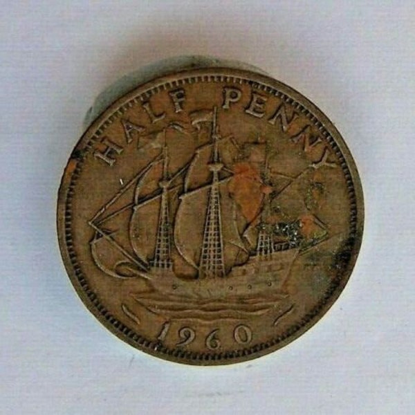 Coin, United Kingdom, Half Penny, Queen Elizabeth 11, 1960's, Sailing Ship, Spiffy, Bronze