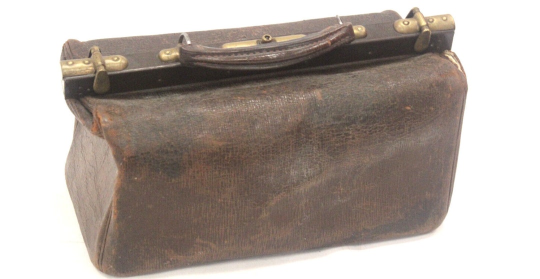 Small Vintage Brown Leather Doctors Bag Traditional Satchel Metal Trim