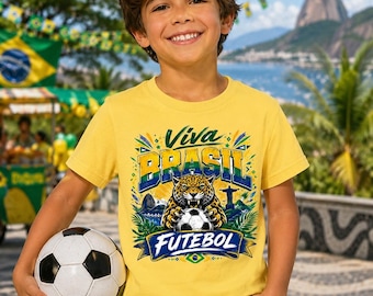 Maglietta da calcio per bambini del Brasile, T-shirt Viva Brasil Futebol, Maglietta per tifosi di calcio del Brasile, Maglietta per bambini della Coppa del Mondo, Completo per il giorno della partita per bambini e bambine
